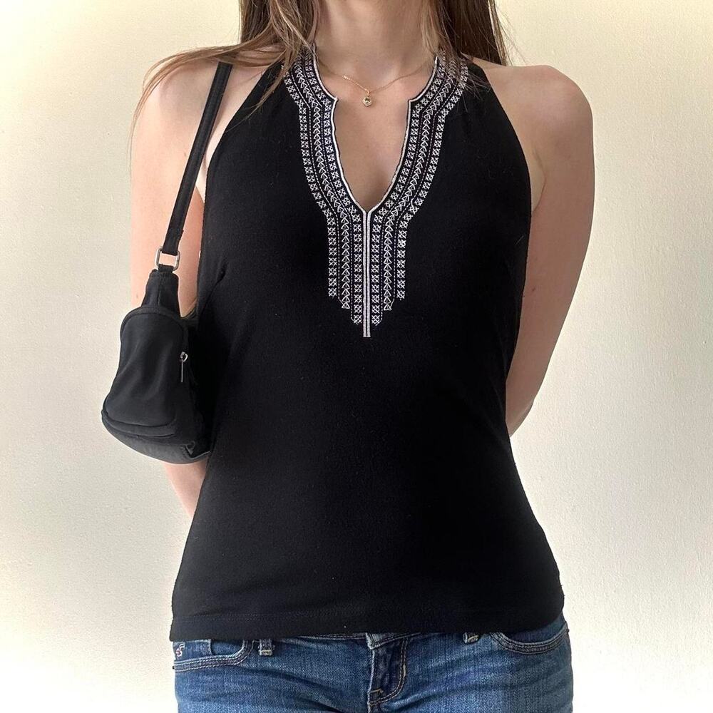 Y2K Charlotte Russe Halter Top Black w/ White Stitch Detailing - Medium